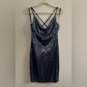 BCX navy sleeveless cowl neck dress with shimmering sequins size large